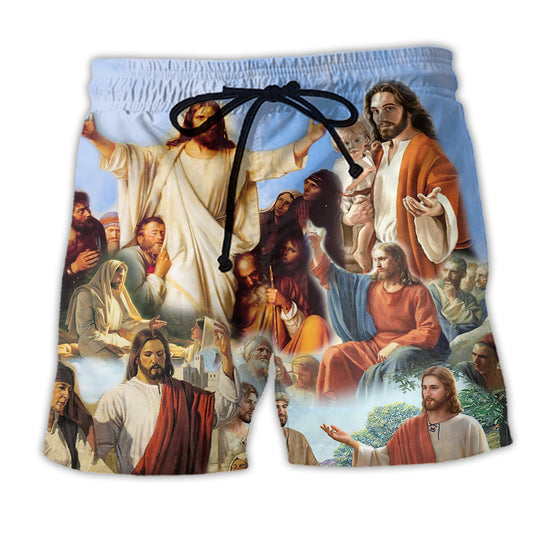 Jesus Sky Warm Light Inspiration Beach Shorts Design Detail For Faith Inspired Coastal Trips