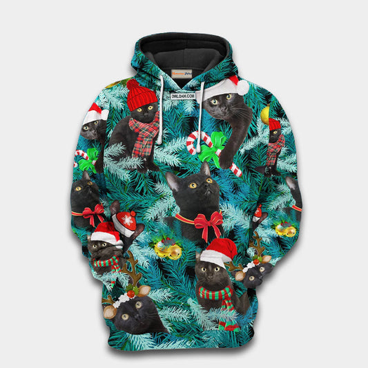 Black Jolly Cat Holiday Hoodie For Christmas Events Holiday Travel And Comfortable Casual Outfits