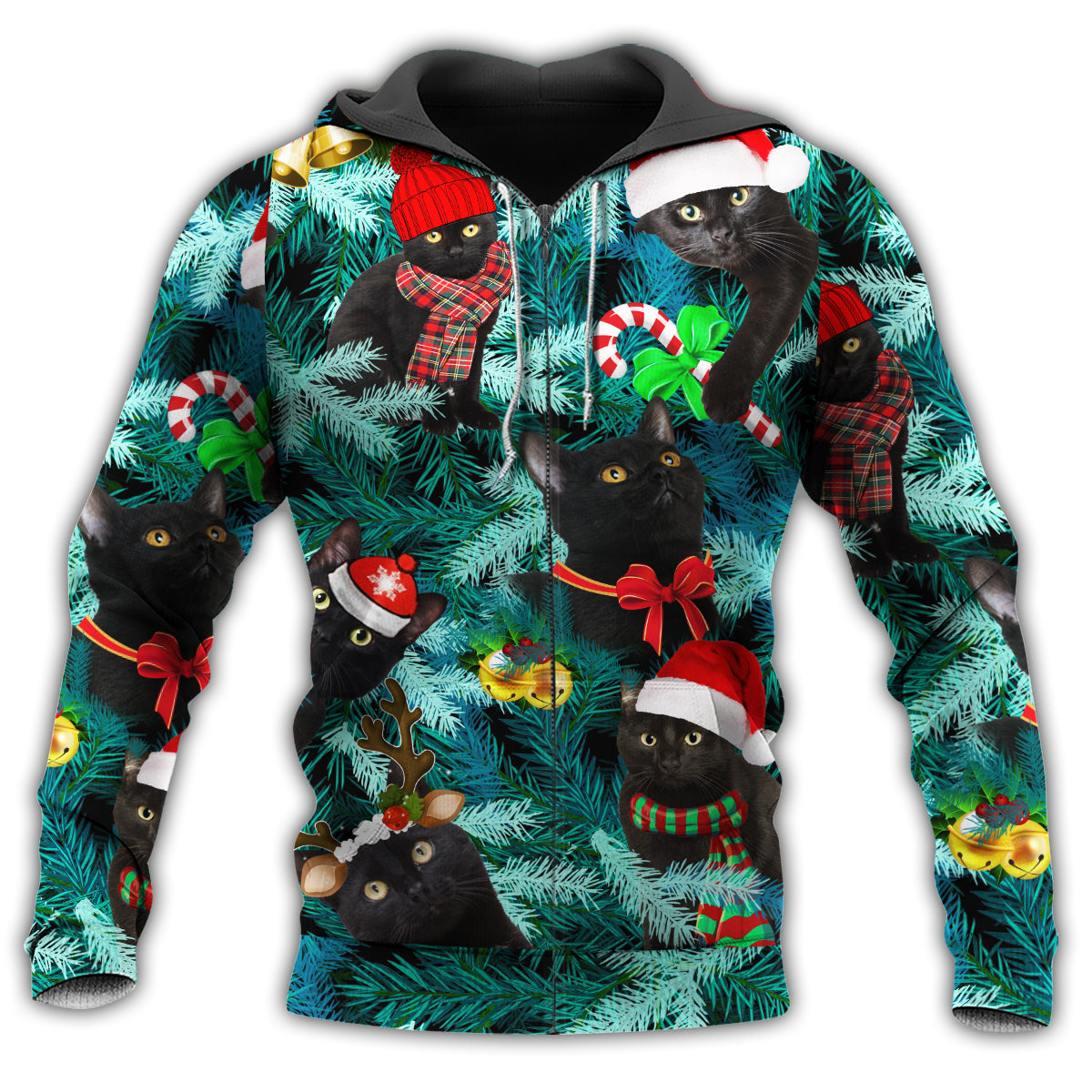 Black Jolly Cat Christmas Hoodie For Holiday Parties Weekend Outings And Cheerful Gift Giving
