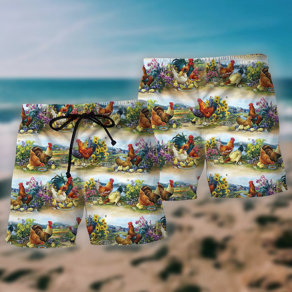 Chicken Family Countryside Farm Beach Shorts Artwork Detail For Tropical Travel And Everyday Wear