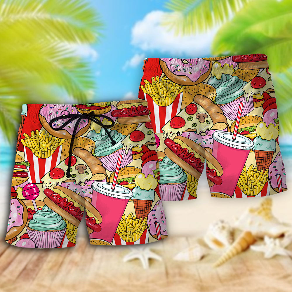 Colorful Junk Food Pop Beach Shorts For Summer Vacation And Coastal Travel