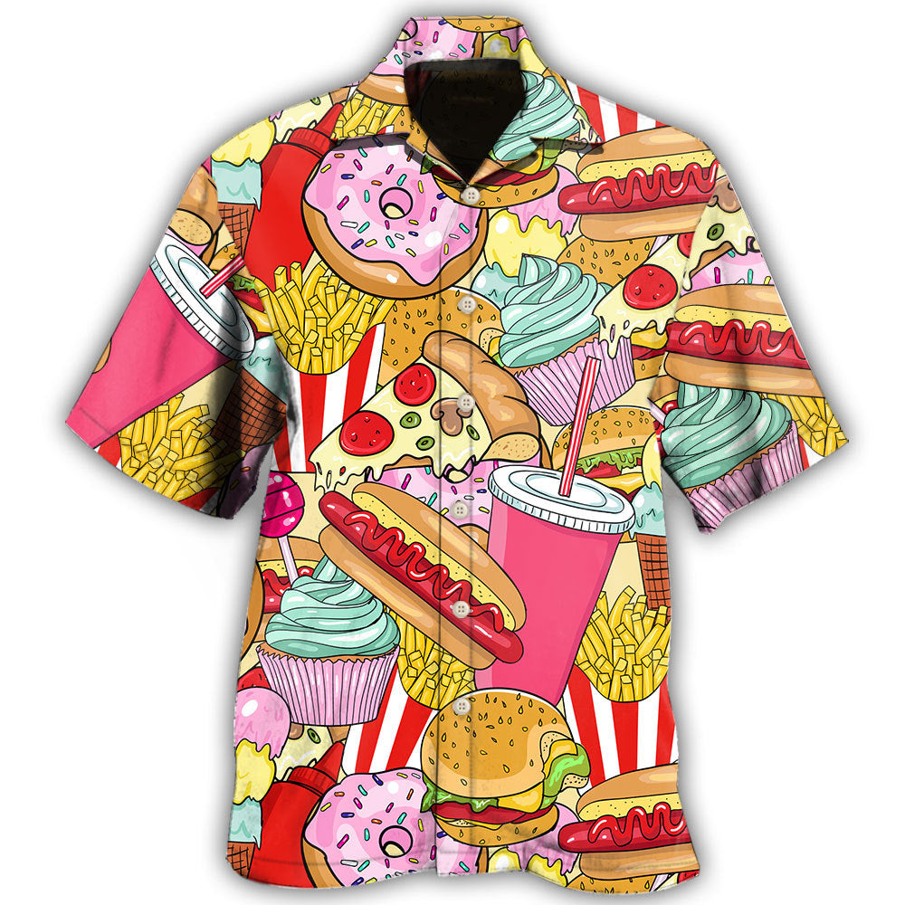Creative Colorful Junk Food Pop Hawaiian Shirt For Island Vacations, Resort Wear, And Relaxed Seasonal Style