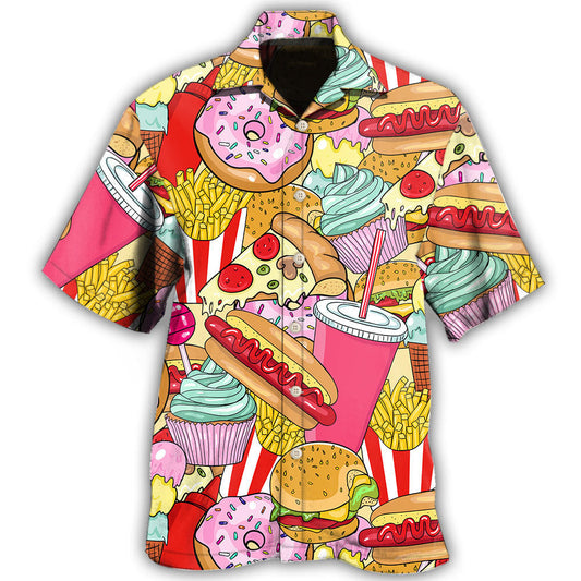 Creative Colorful Junk Food Pop Hawaiian Shirt For Island Vacations, Resort Wear, And Relaxed Seasonal Style