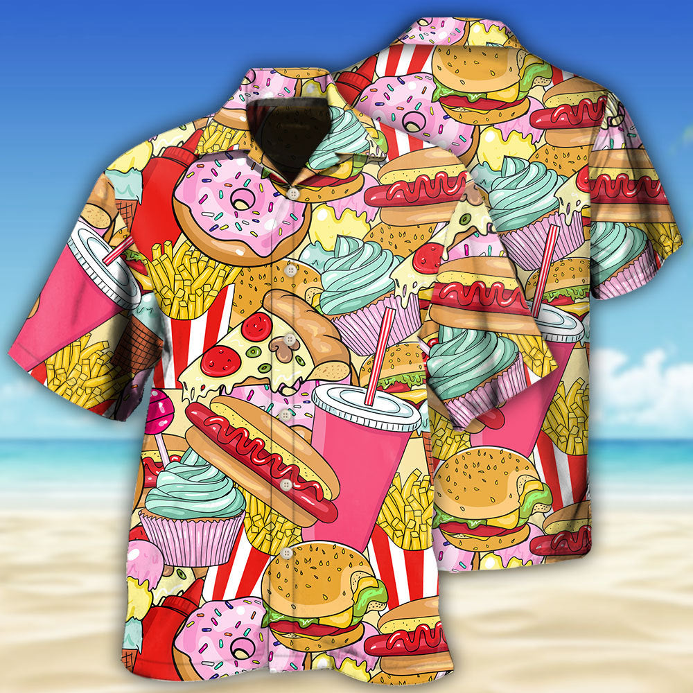Creative Colorful Junk Food Pop Hawaiian Shirt For Island Vacations, Resort Wear, And Relaxed Seasonal Style