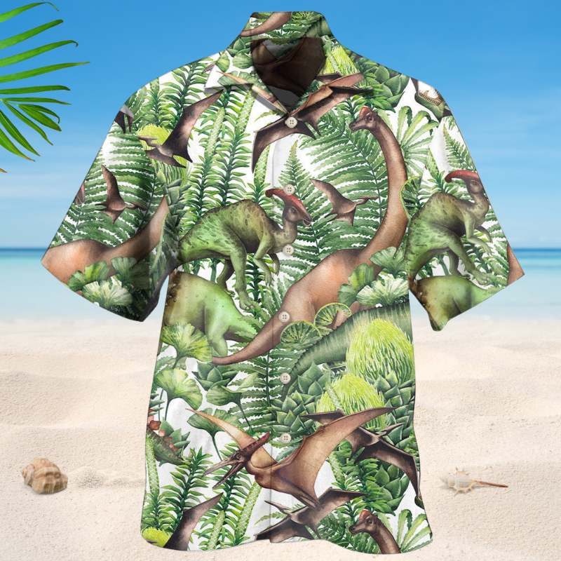 Prehistoric Dinosaur Green Hawaiian Shirt For Coastal Getaways, Outdoor Gatherings, And Thoughtful Gift Giving