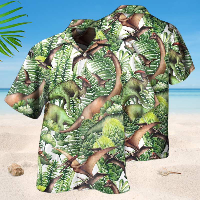 Prehistoric Dinosaur Green Hawaiian Shirt For Coastal Getaways, Outdoor Gatherings, And Thoughtful Gift Giving