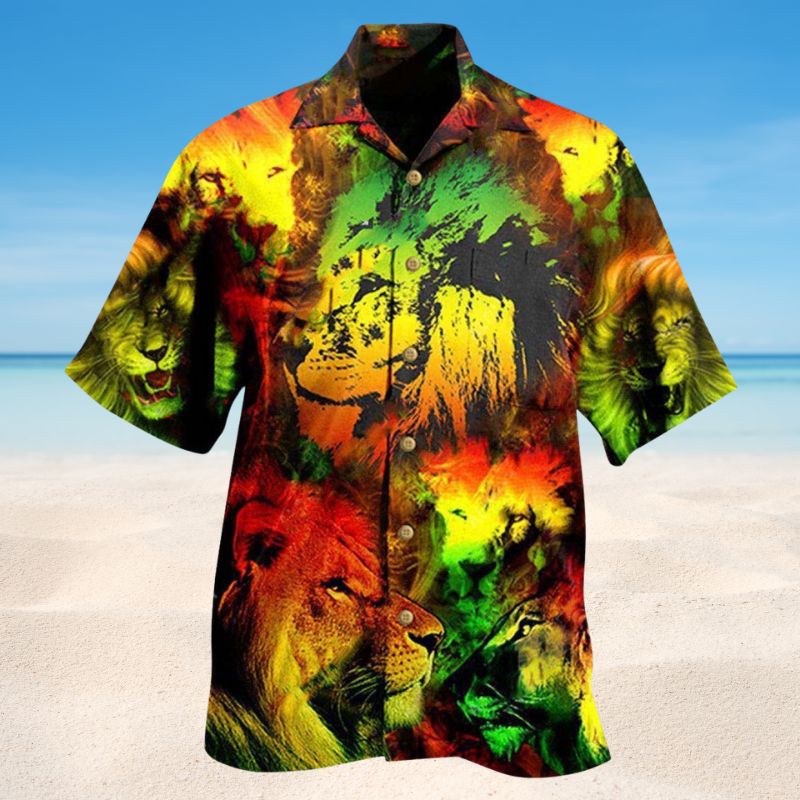 Just Awesome Colorful Lion Hawaiian Shirt For Tropical Travel Outdoor Parties And Relaxed Casual Wear