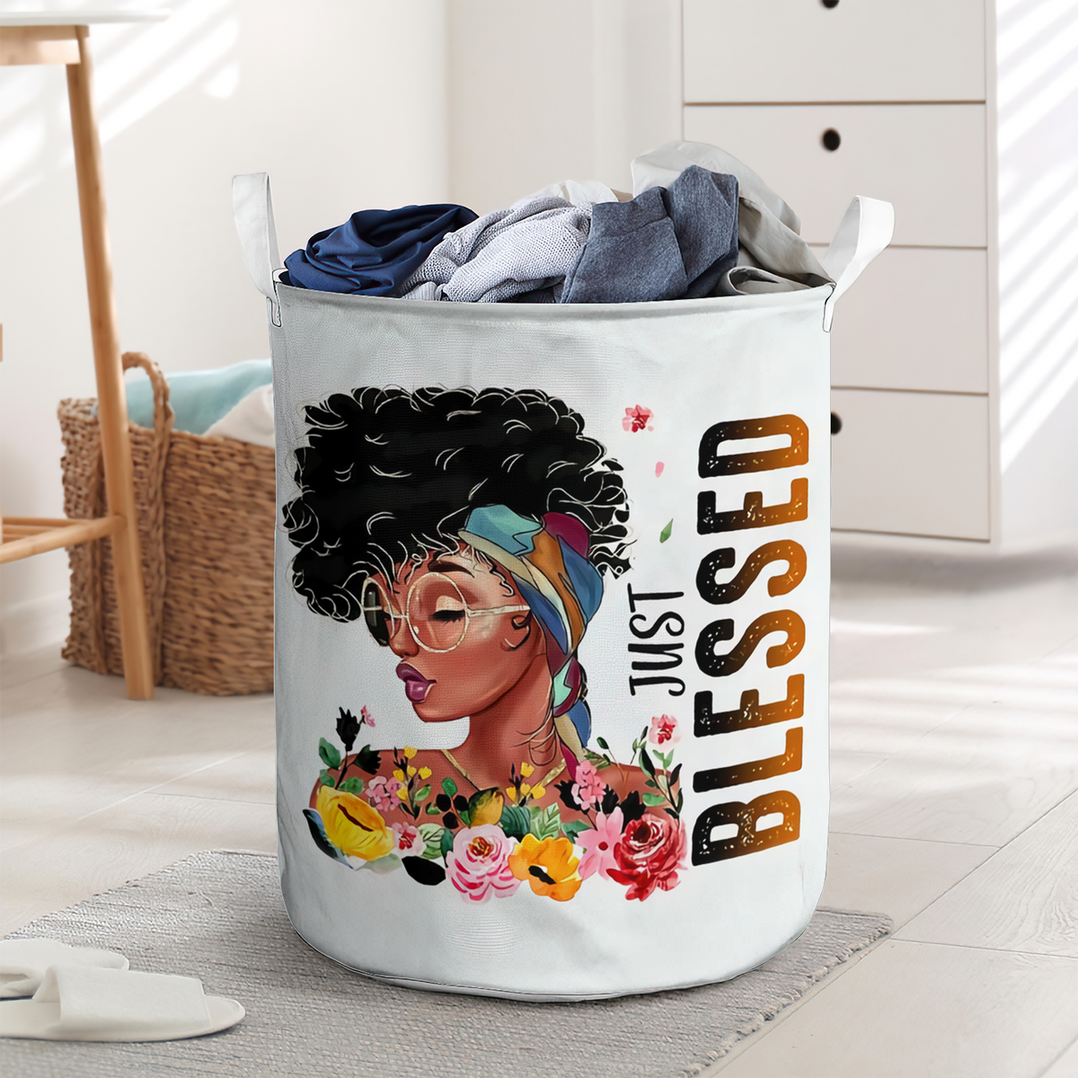 Just Blessed Black Woman Laundry Basket For Bathroom Bedroom Storage