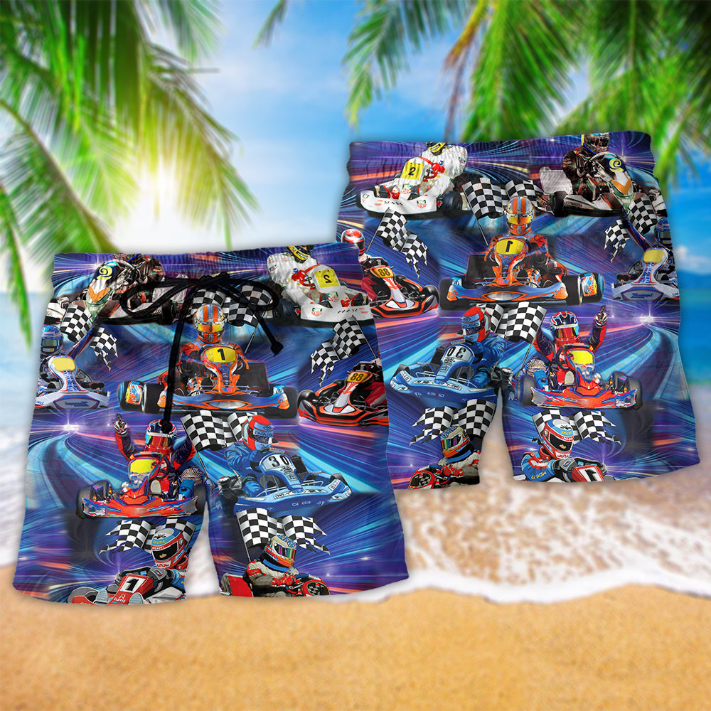 Kart Racing Blue Beach Shorts Pattern Detail For Casual Summer Plans And Easy Warm Weather Wear