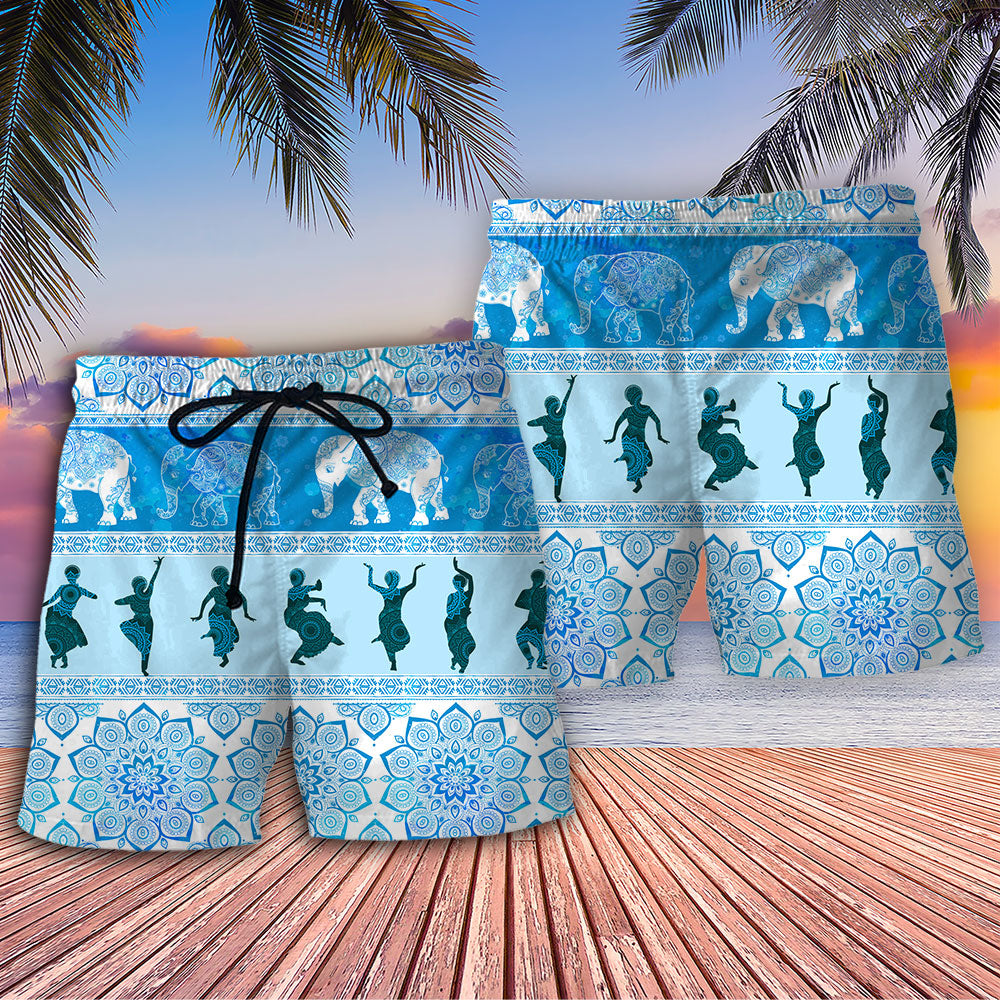 Elephant Kathak Pattern Cultural Beach Shorts Design Detail For Casual Warm Weather Outfits
