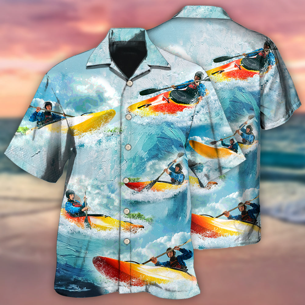 Colorful Kayaking Hawaiian Shirt Artwork Detail For Resort Trips And Outdoor Activities