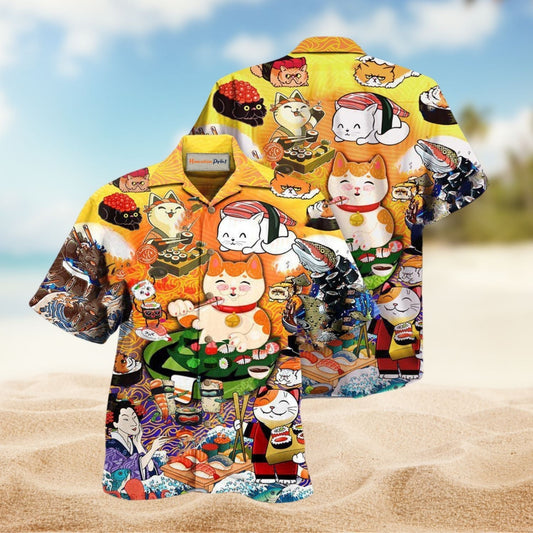 Cat And Sushi Hawaiian Shirt For Coastal Adventures Outdoor Gatherings And Casual Warm Weather Wear