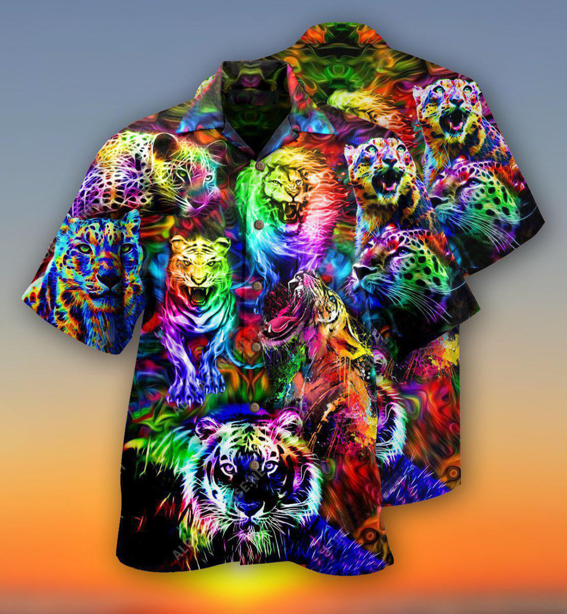 Forest Colorful Lion Tiger And Leopard Hawaiian Shirt With Detailed Graphic For Island Trips Summer Gatherings And