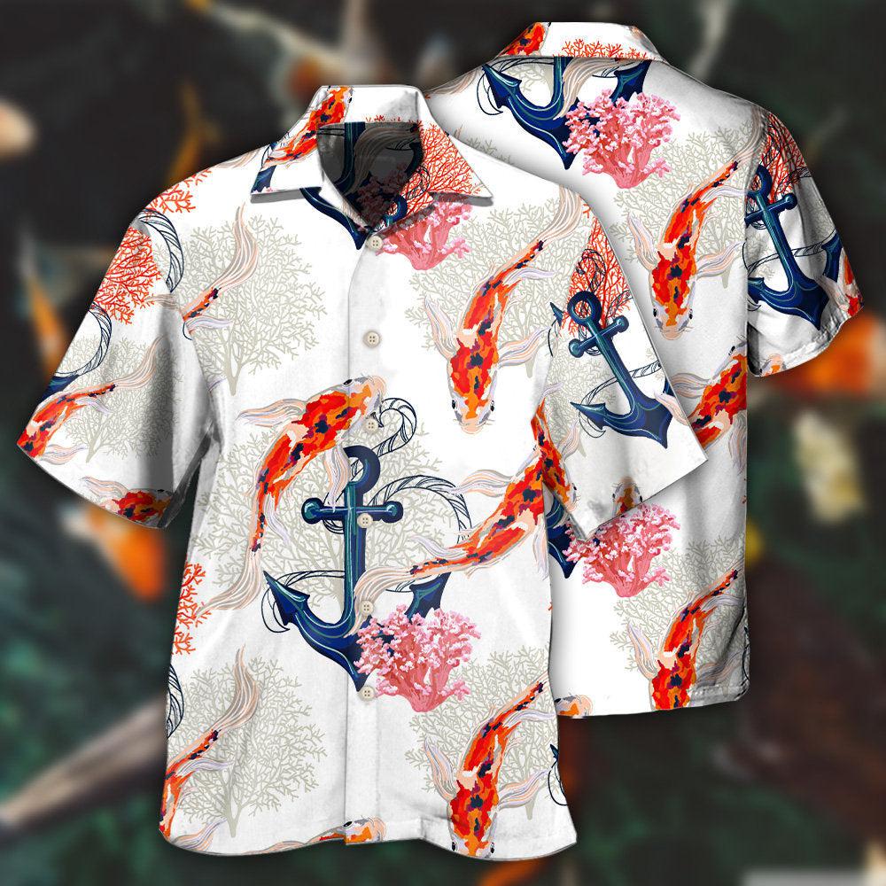 Fish Koi Anchor Coral Hawaiian Shirt Pattern Detail For Vacation Travel And Daily Wear