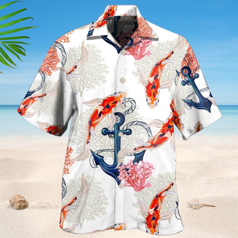 Koi Fish Anchor Coral Hawaiian Shirt For Summer Vacation, Beach Travel, And Casual Wear