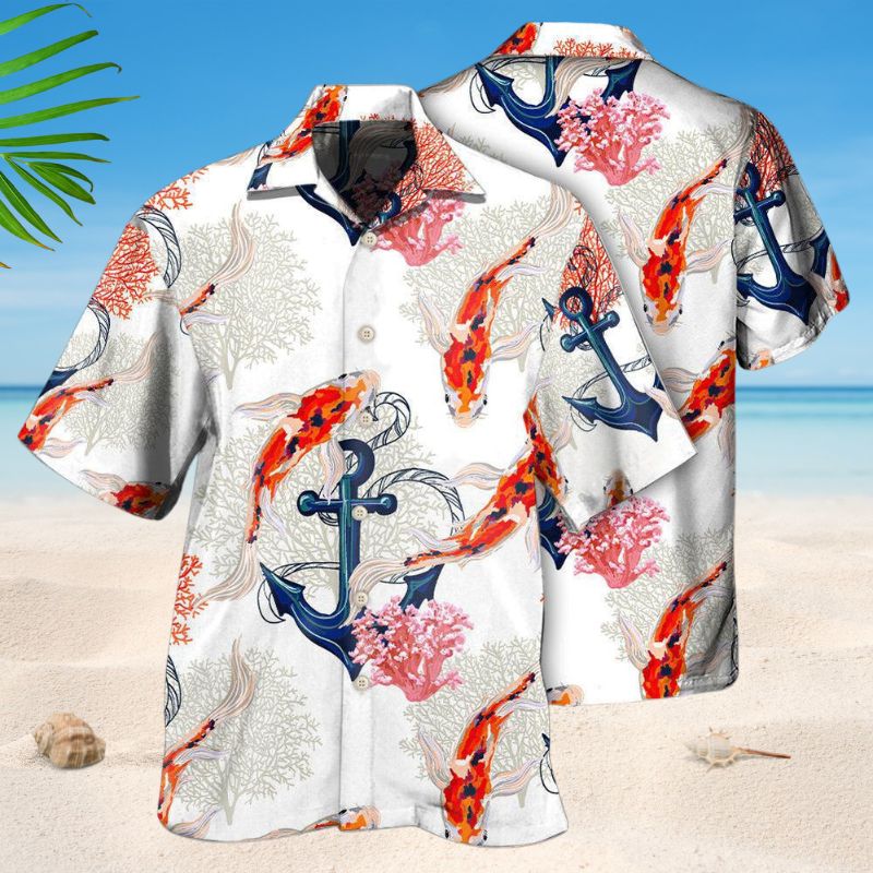 Koi Fish Anchor Coral Hawaiian Shirt For Summer Vacation, Beach Travel, And Casual Wear