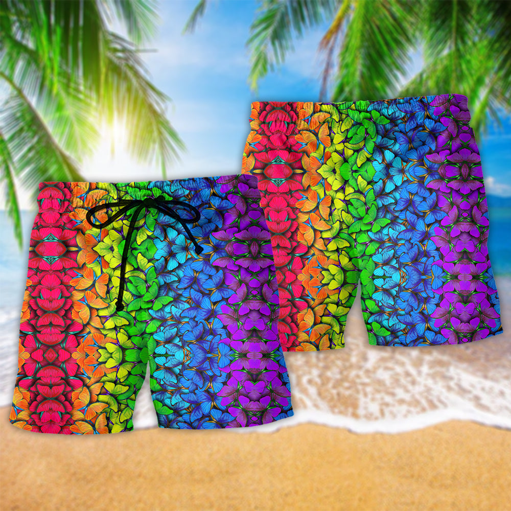LGBT Pride Rainbow Butterfly Colorful Beach Shorts Pattern Detail For Relaxed Warm Weather Outfits