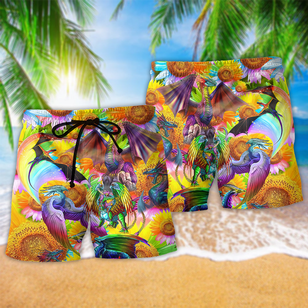 Rainbow Equality Pride Dragon Sunflower Beach Shorts Pattern Detail For Everyday Outings And Lightweight Summer Style
