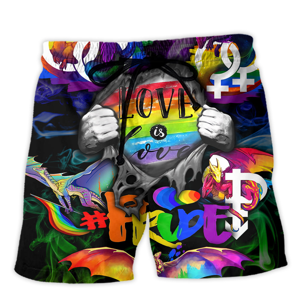 Rainbow Pride Hand Symbol Beach Shorts Artwork Detail For Casual Warm Weather Outfits