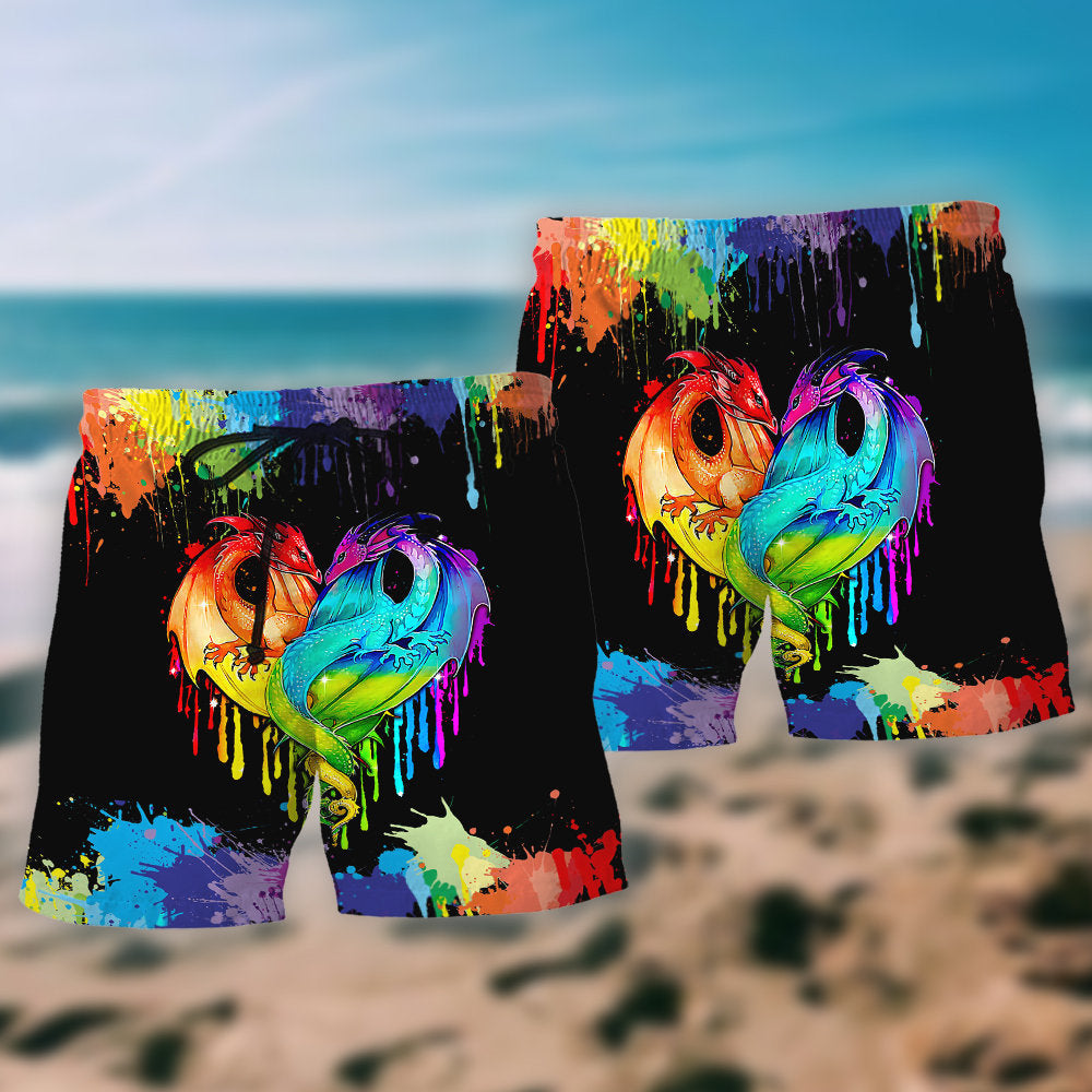 Rainbow Pride Dragon Colorful Beach Shorts For Fantasy Fans And Summer Vacation Style