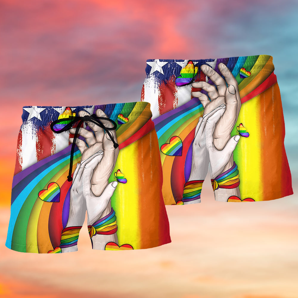 LGBT Pride Hand Love Symbol Beach Shorts Design View For Comfortable Resort And Beach Styling