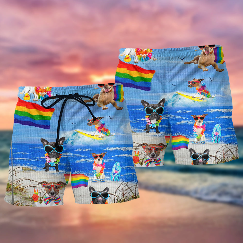Rainbow Pride Jack Russell Terrier Beach Shorts Pattern Detail For Island Trips And Laid Back Styling