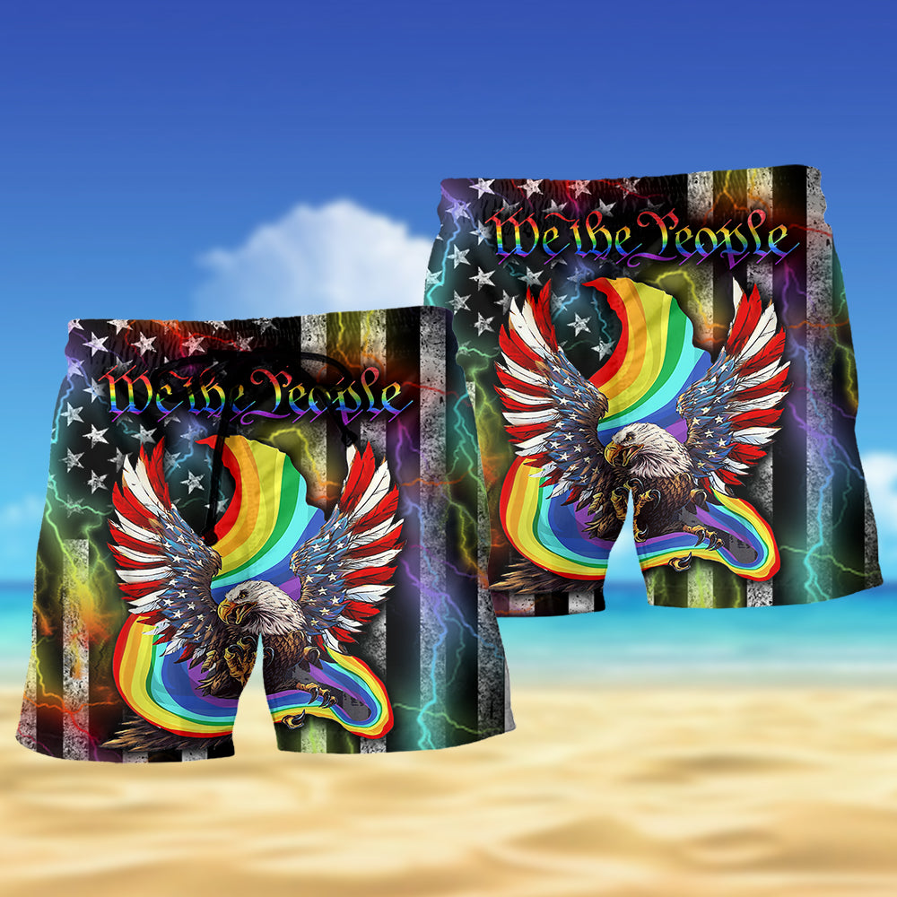 Rainbow Pride Eagle Freedom Beach Shorts Artwork Detail For Patriotic Gift Giving