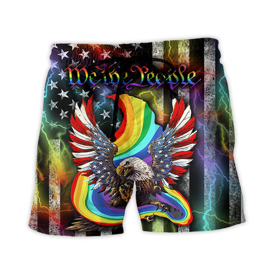 Rainbow Pride Eagle Freedom Beach Shorts Artwork Detail For Casual Warm Weather Outfits