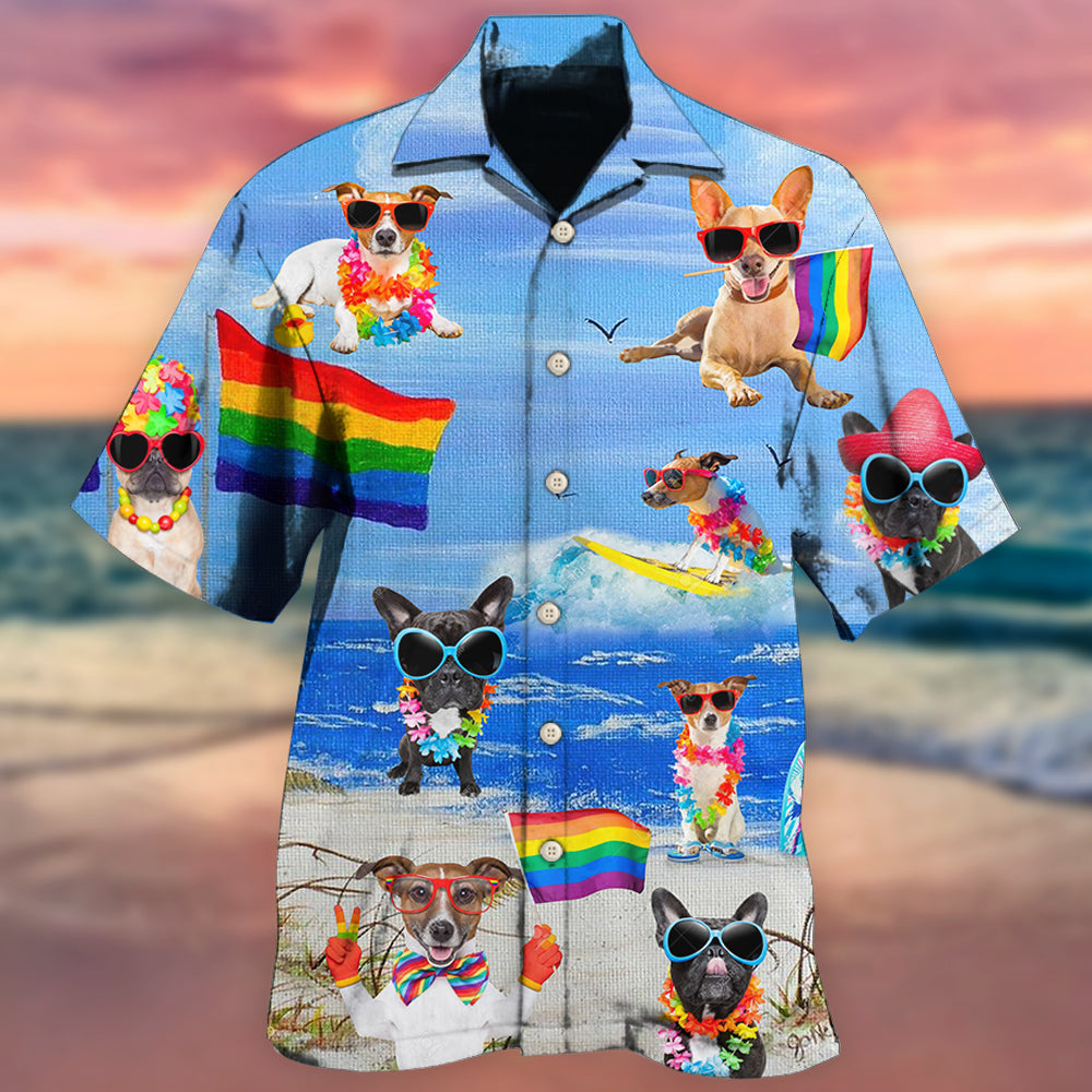Rainbow Pride Jack Russell Terrier Hawaiian Shirt Pattern View For Relaxed Warm Weather Outfits