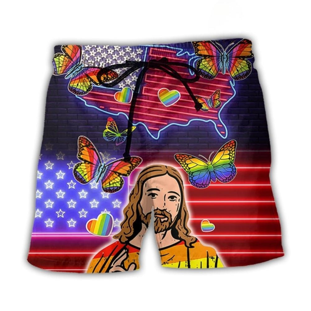 LGBT Pride Independence Day Neon Beach Shorts Design View For Poolside Relaxation And Holiday Trips
