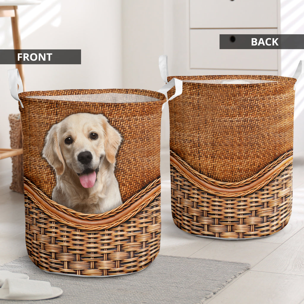 Labrador Dog Rattan Texture Laundry Basket For Room Home Organizer