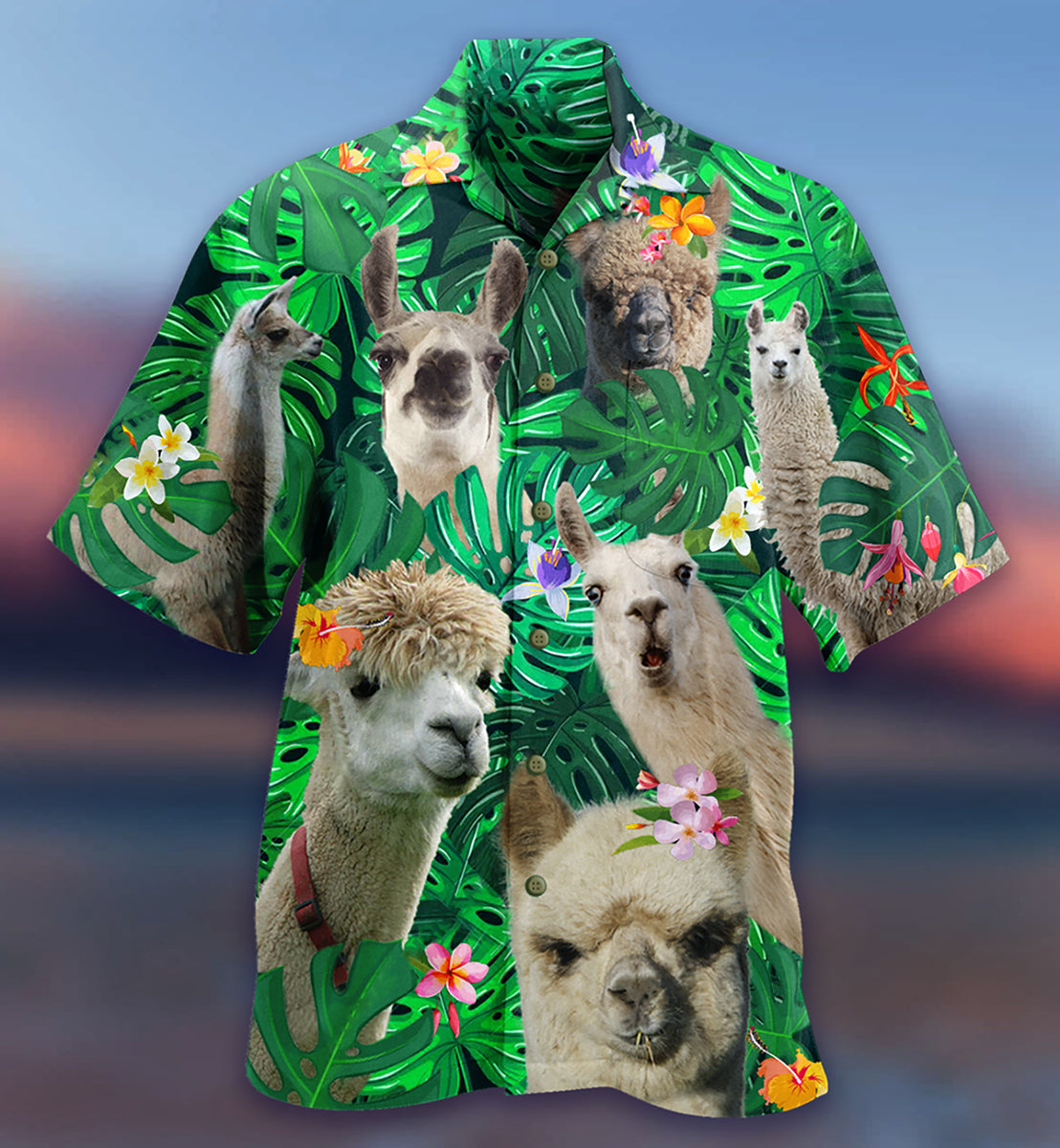 Cute Green Llama Hawaiian Shirt With All Over Print For Resort Travel Summer Outings And Casual Gatherings