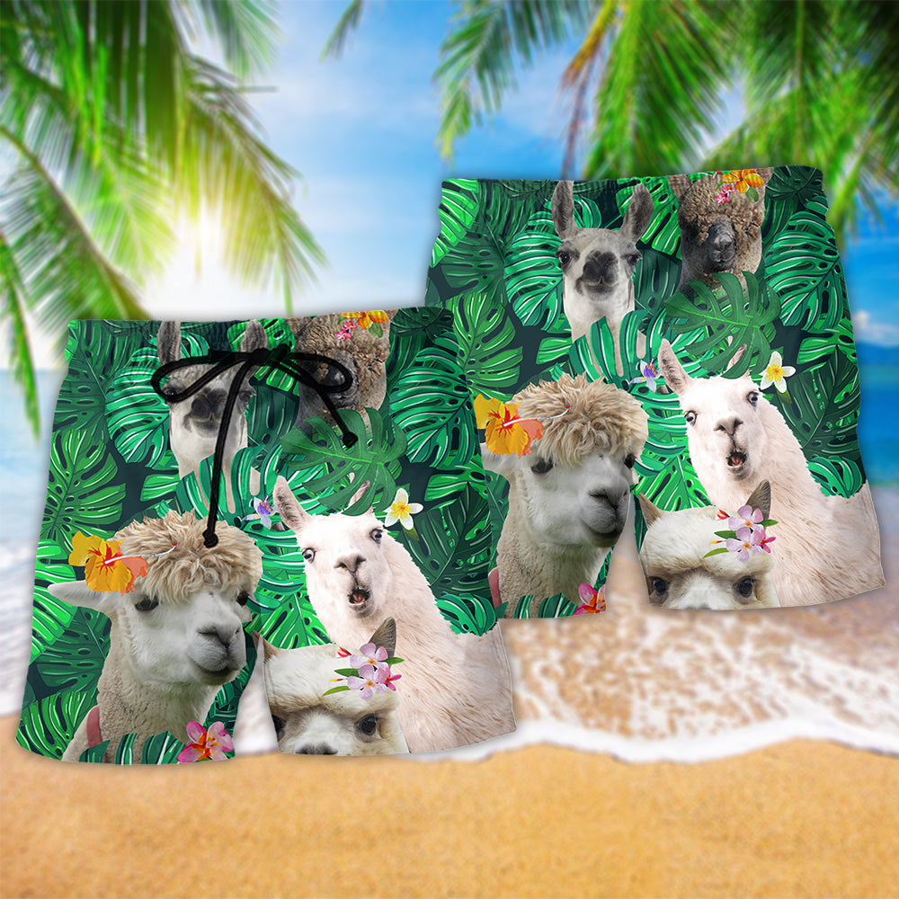 Llama Cute Love Tropical Green Beach Shorts Design View For Comfortable Resort And Beach Styling