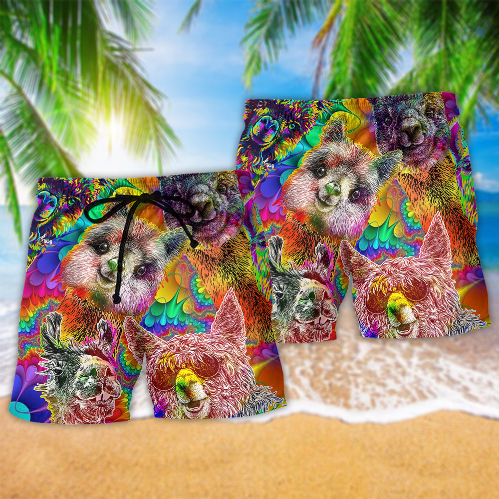 Llama Happiness Smile Colorful Beach Shorts Design Detail For Casual Warm Weather Outfits