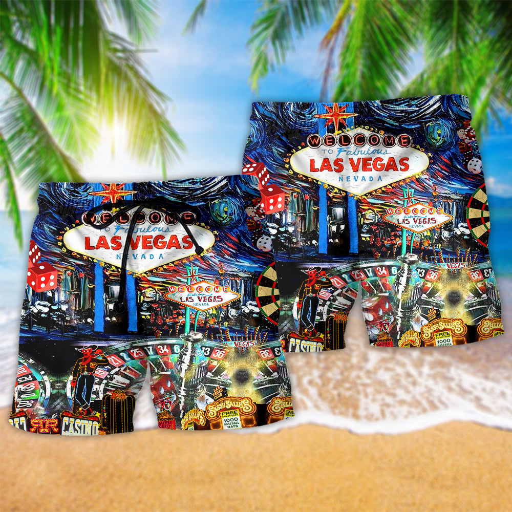 Las Vegas Welcome Style Hawaiian Print Beach Shorts For Summer Vacation And Coastal Travel
