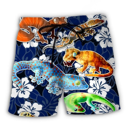 Leopard Gecko Blue Tropical Flower Lover Beach Shorts For Summer Vacation And Coastal Travel