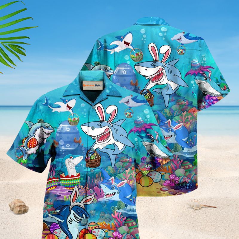 Easter Shark Celebration Hawaiian Shirt For Holiday Gatherings Beach Travel And Relaxed Summer Style