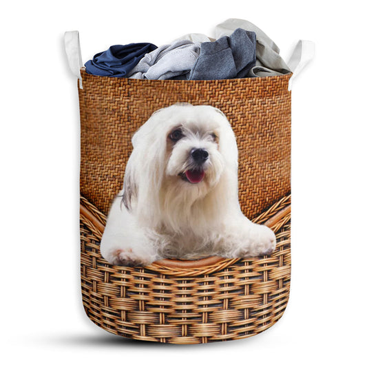 Lhasa Apso Dog Rattan Texture Laundry Basket For Bathroom Bedroom Storage