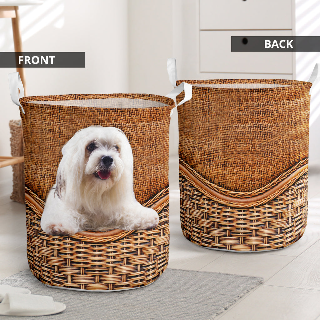 Lhasa Apso Dog Rattan Texture Laundry Basket For Room Home Organizer