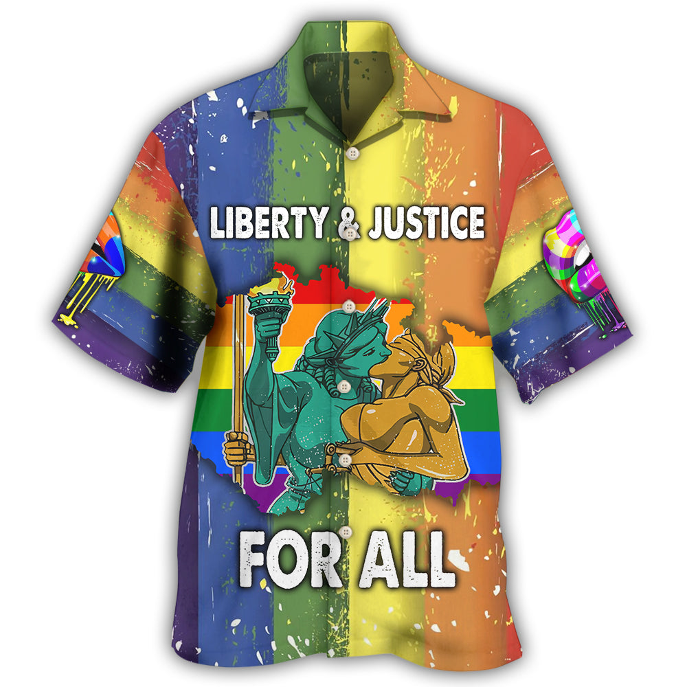 Liberty Justice Rainbow Equality Hawaiian Shirt For Summer Vacation, Beach Travel, And Casual Wear