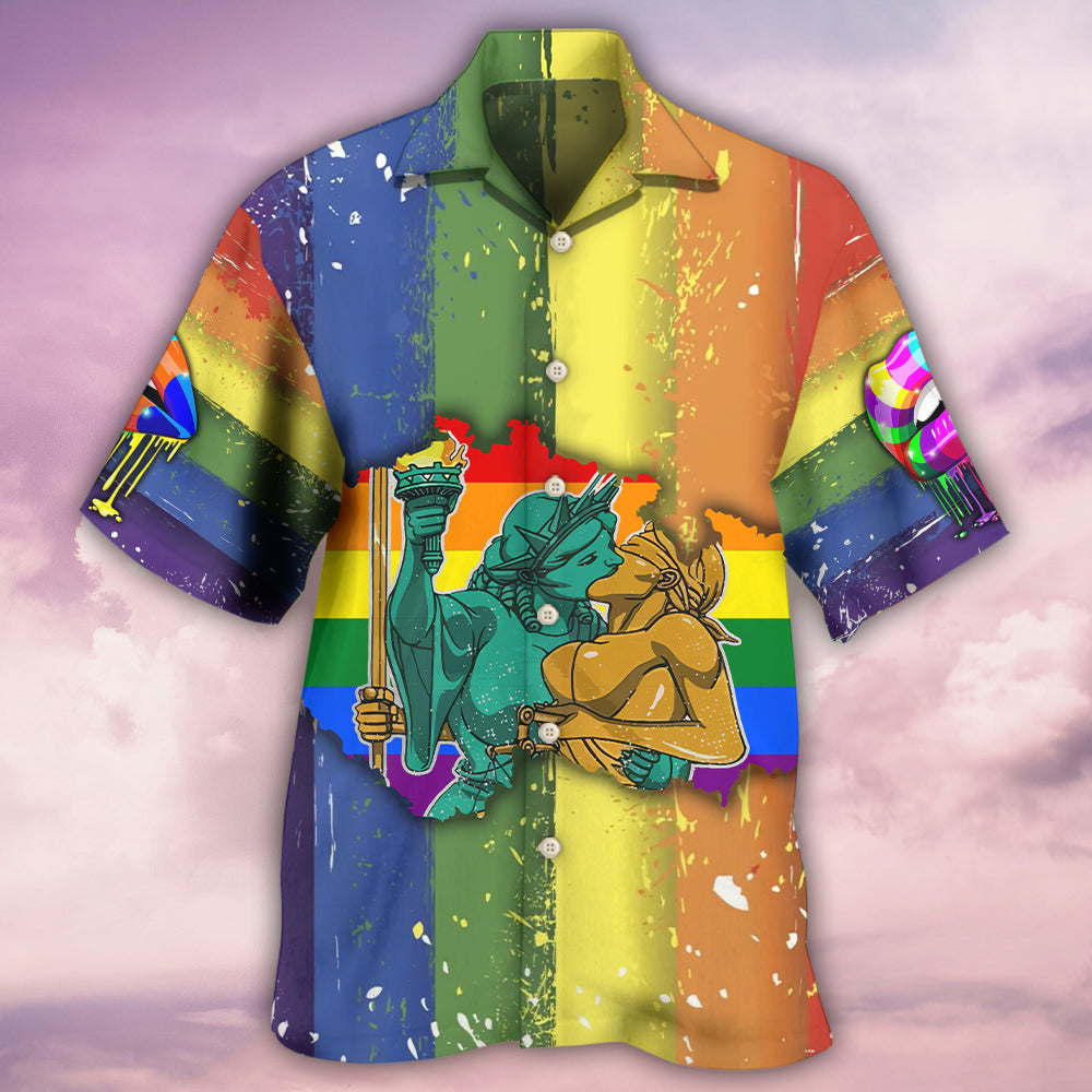 Rainbow Pride Liberty Justice Hawaiian Shirt For Resort Getaways And Comfortable Summer Activities