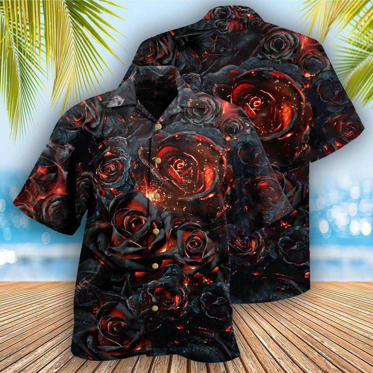 Floral Rose Burning Hawaiian Shirt Artwork View For Coastal Escapes And Resort Style