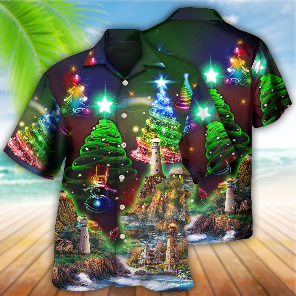 Festive Happy Lighthouse Christmas Hawaiian Shirt Artwork Detail For Tropical Trips And Casual Outings