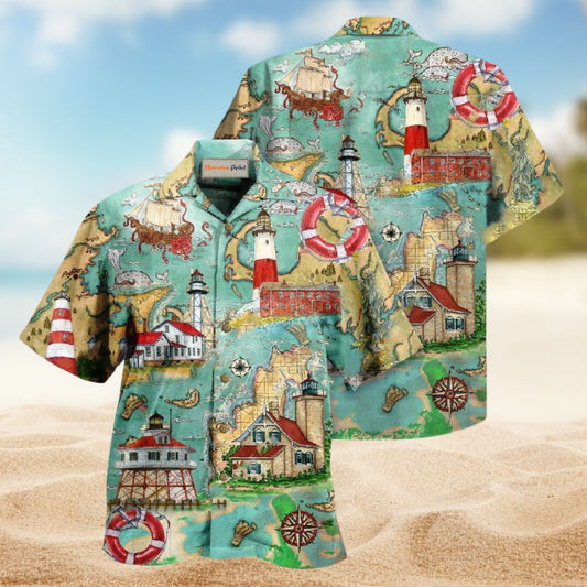 Lighthouse Guide Me Around The World Hawaiian Shirt For Summer Vacation Beach Travel And Relaxed Casual Wear