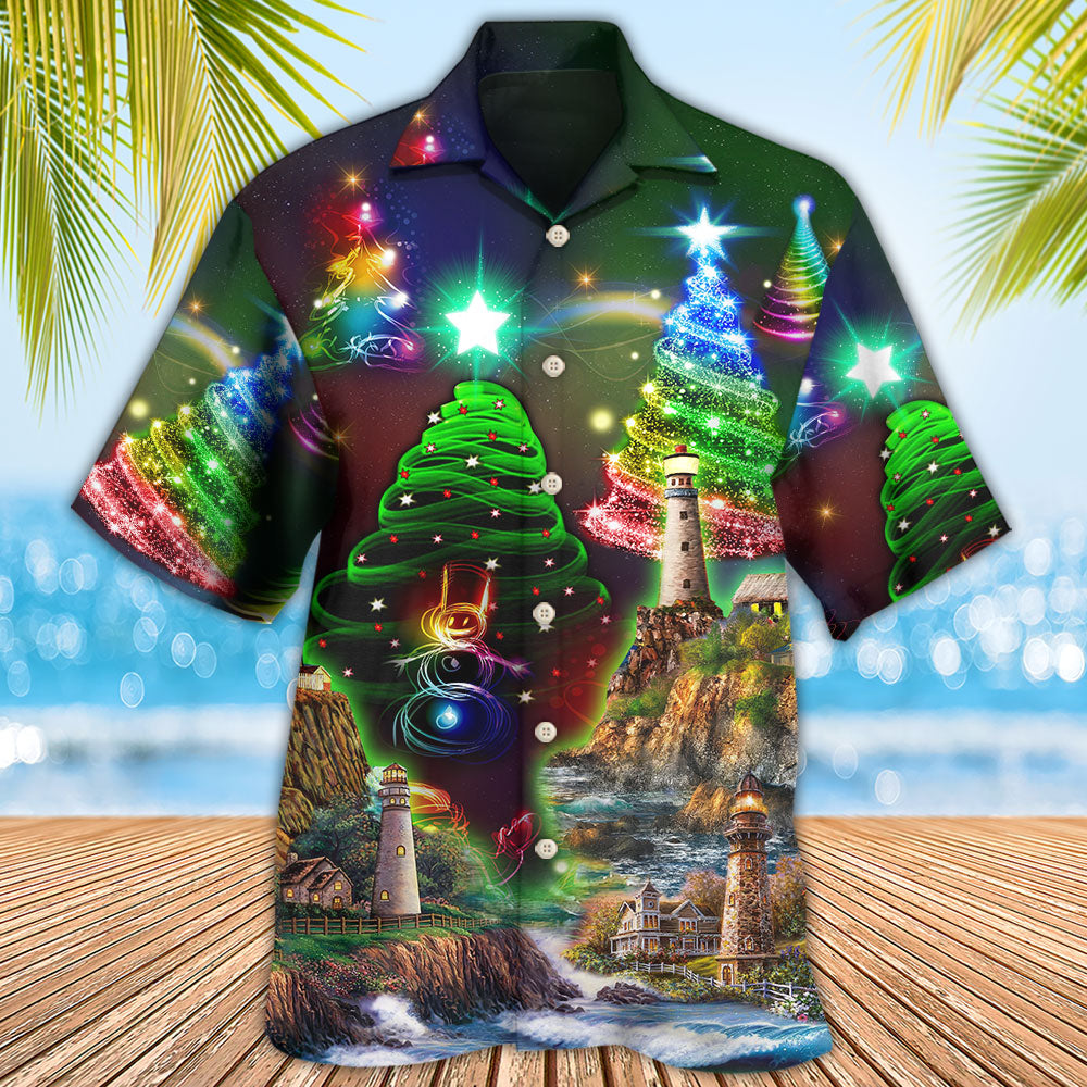 Festive Happy Lighthouse Christmas Hawaiian Shirt For Coastal Adventures And Warm Weather Wear