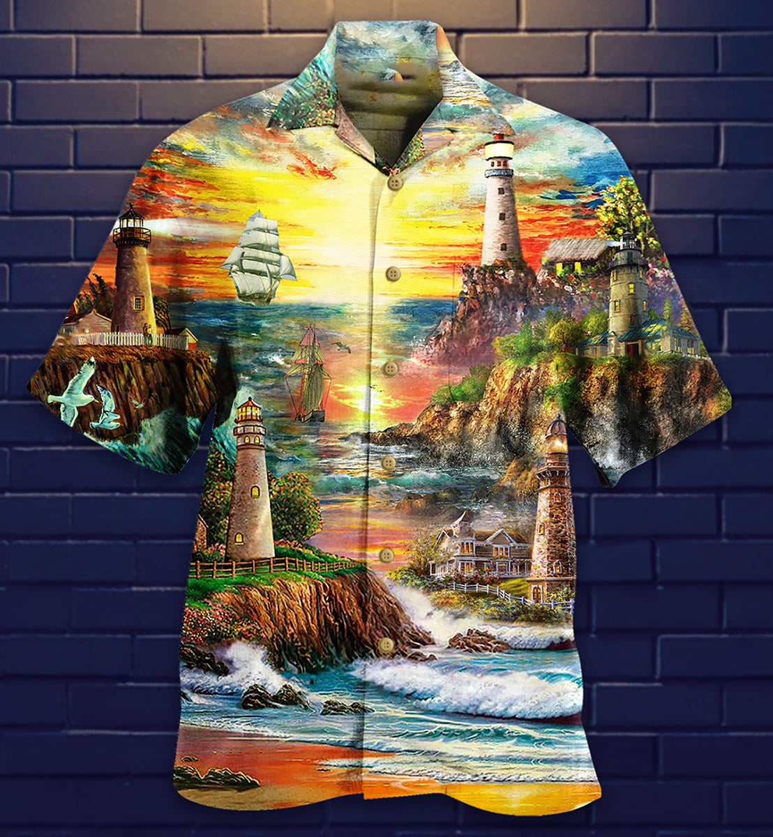 Lighthouse Ocean Hawaiian Shirt Artwork View For Coastal Escapes And Resort Style