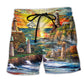 Lighthouse Ocean Yellow Beach Shorts Pattern View For Relaxed Vacation Styling