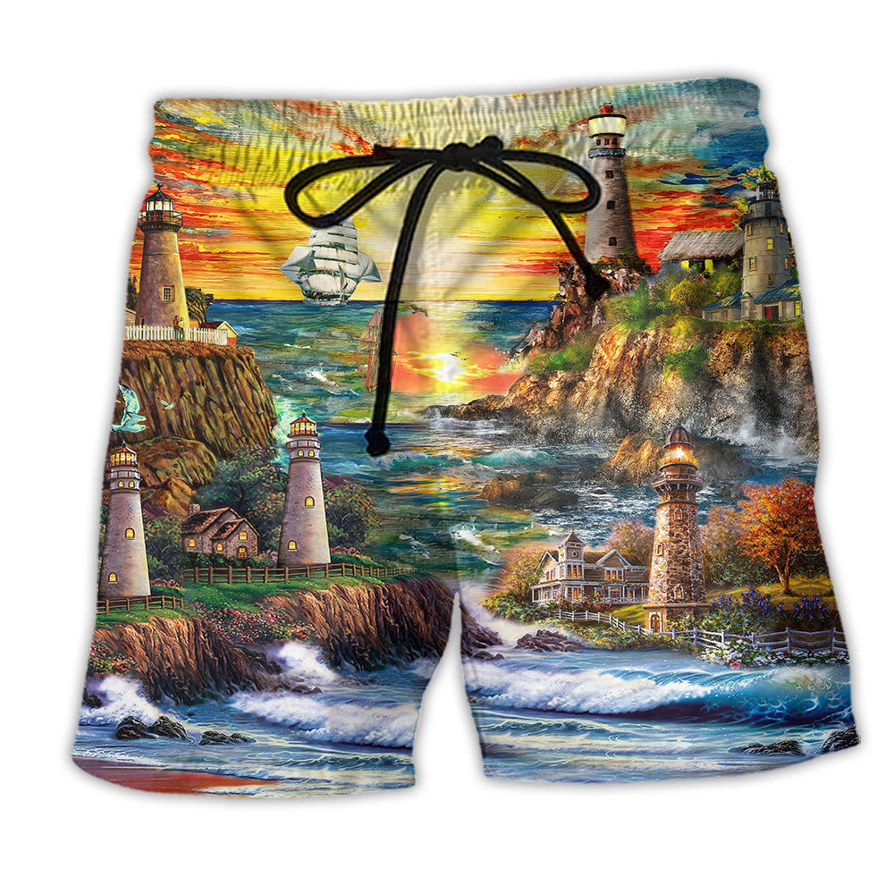 Lighthouse Ocean Yellow Beach Shorts Pattern View For Relaxed Vacation Styling