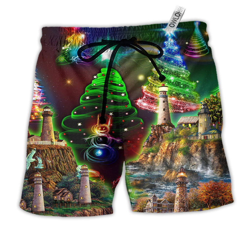 Lighthouse Merry Christmas Happy Hawaiian Print Beach Shorts For Warm Weather Celebrations
