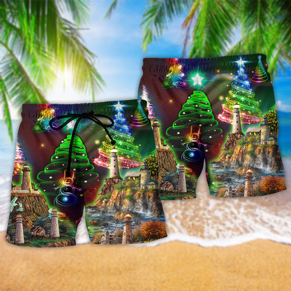 Lighthouse Merry Christmas Beach Shorts Pattern Detail For Seaside Leisure And Flexible Everyday Wear